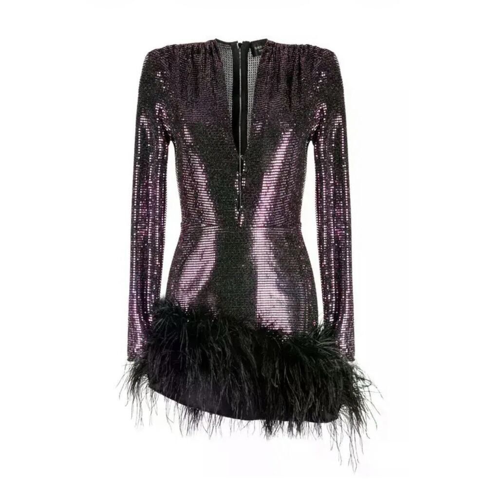 NWT Bronx and Banco Kyoto Sequin Mini Dress Purple Ostrich Feather Hem L - Picture 2 of 13